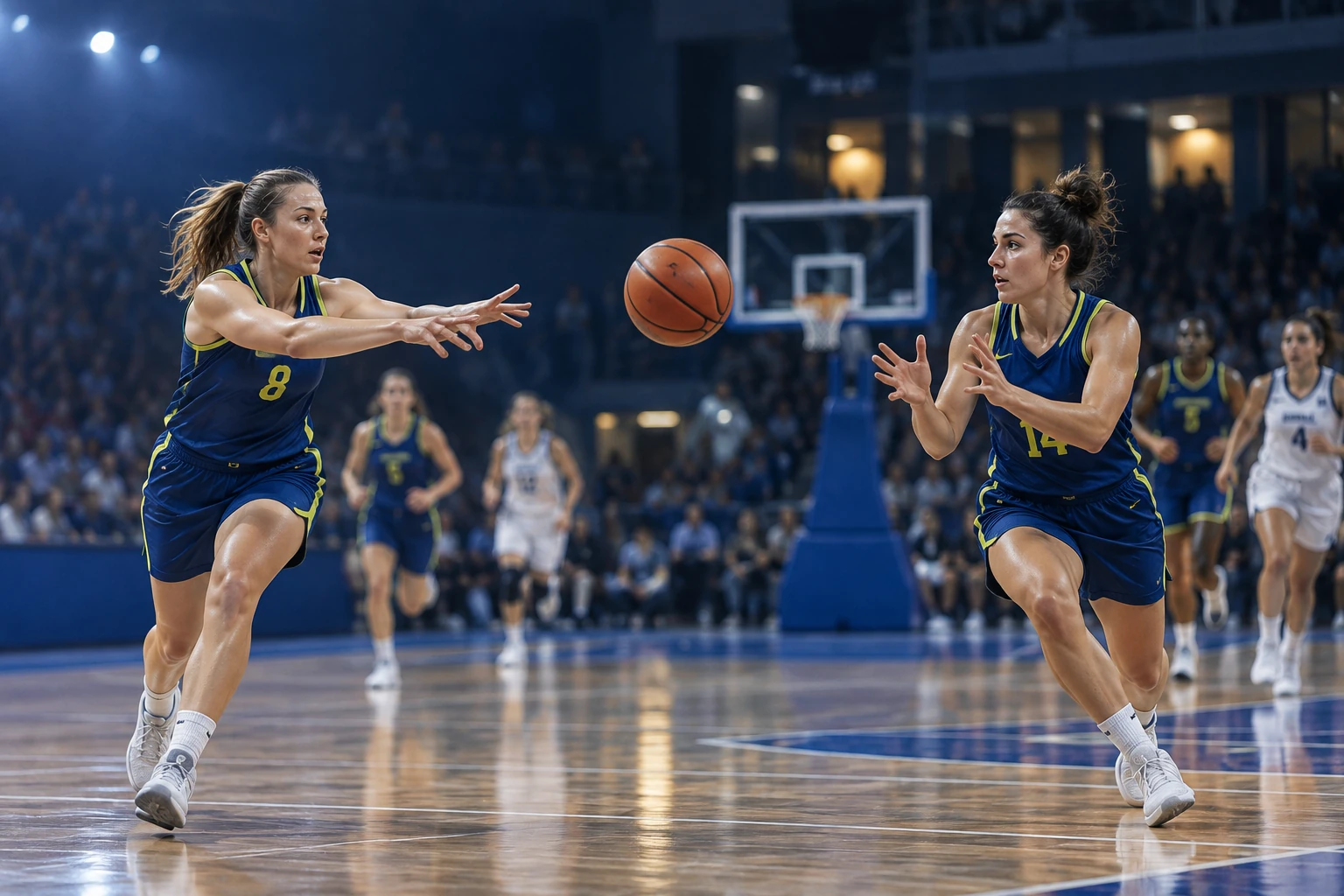Zwei Basketballspielerinnen passen sich während des Spiels den Ball zu