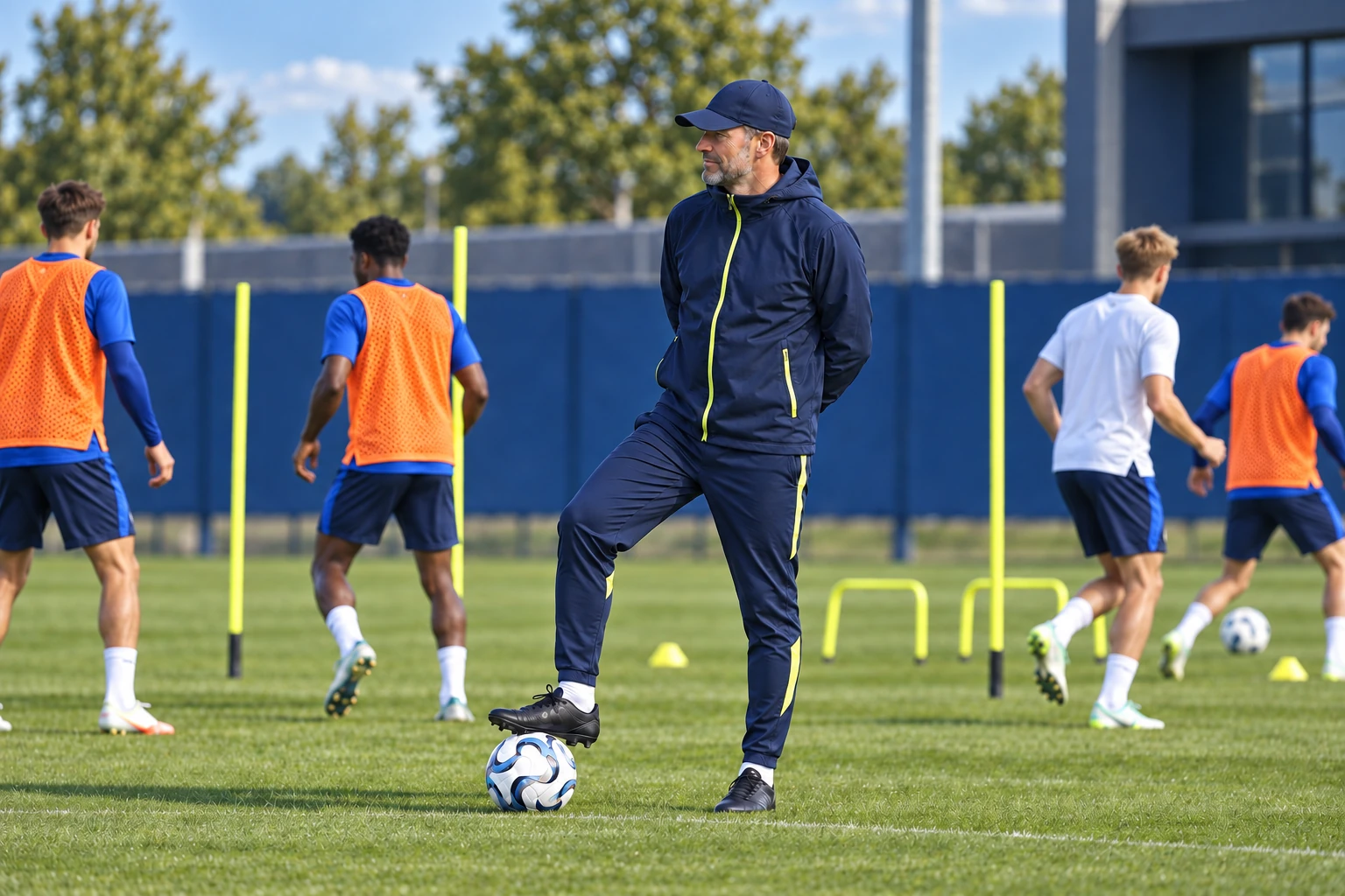 Fußballtrainer beobachtet das Training mit einem Fuß auf dem Ball, Spieler tragen orange Netzleibchen und ein weißes Trikot
