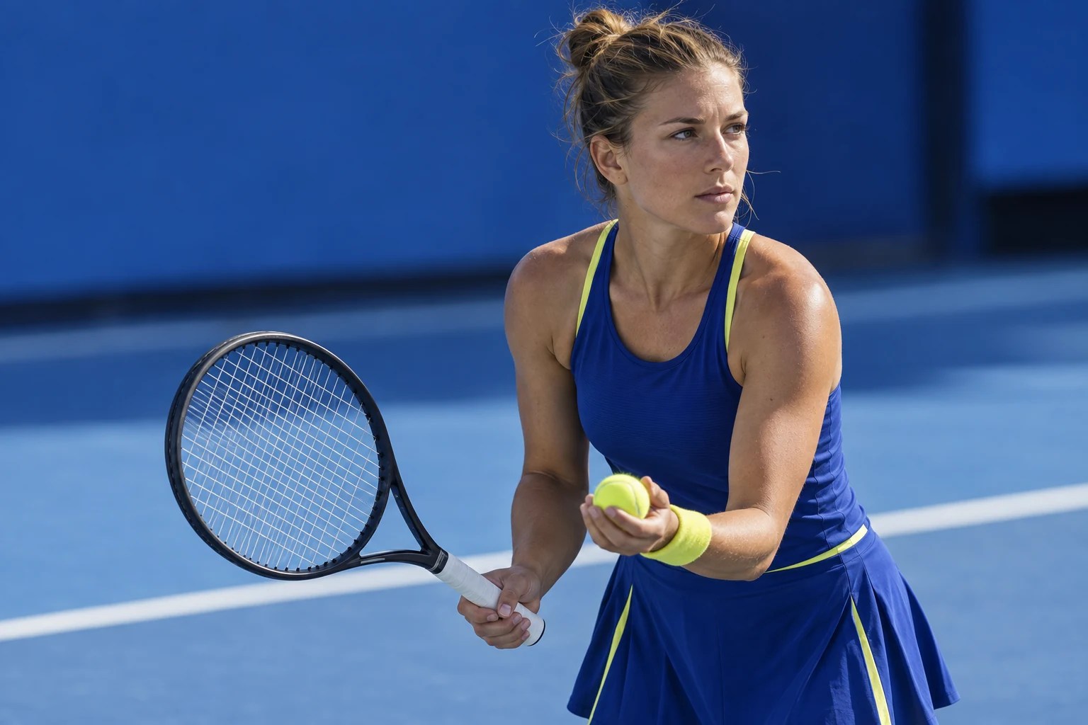 Konzentrierte Tennisspielerin mit Schläger und Ball auf einem blauen Court
